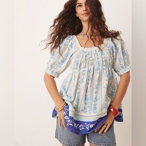 Free People Santorini Print Puff Sleeve Empire Waist Long Cotton Tunic Top NEW L